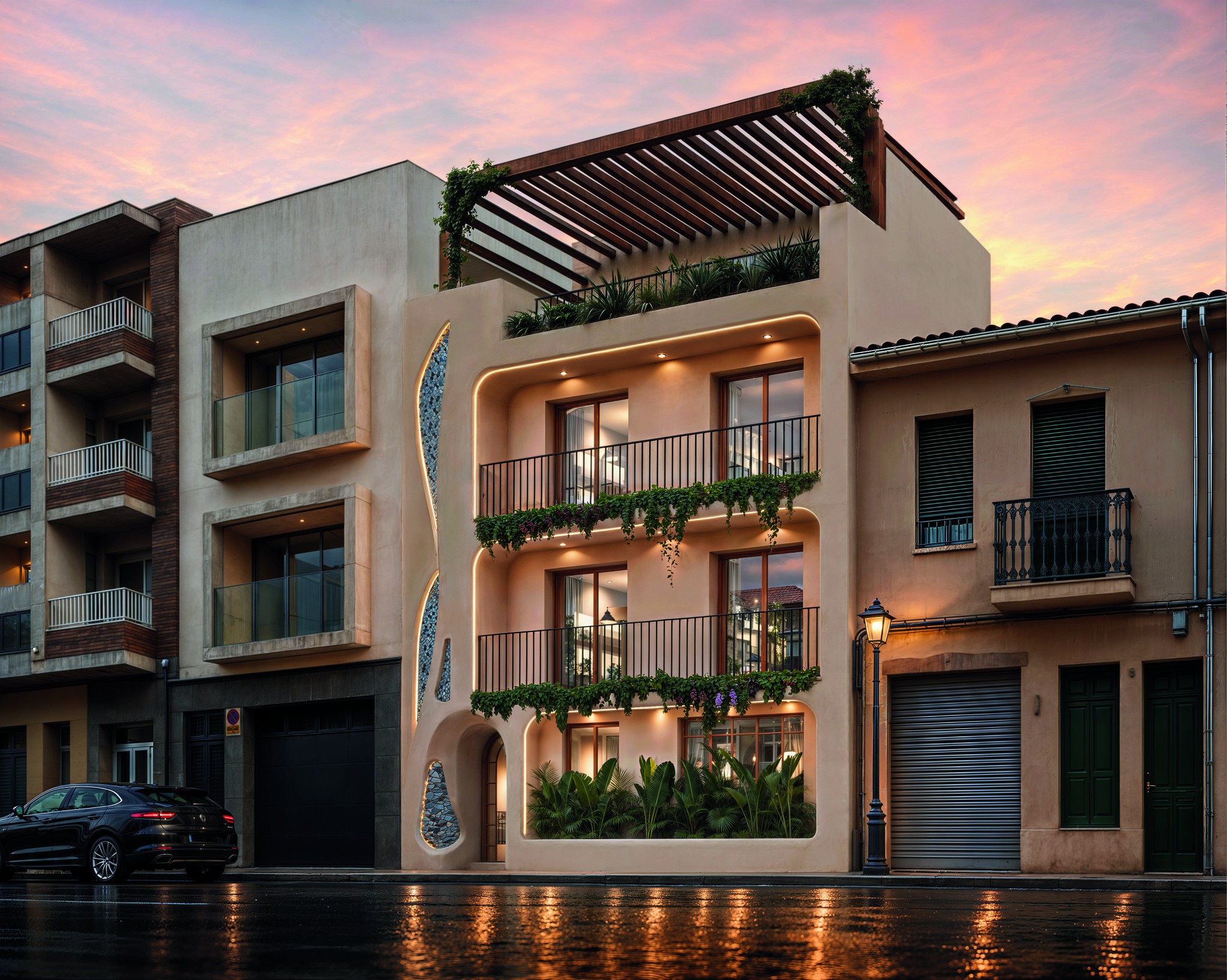 Evening facade of SEARA 91 with warm interior light