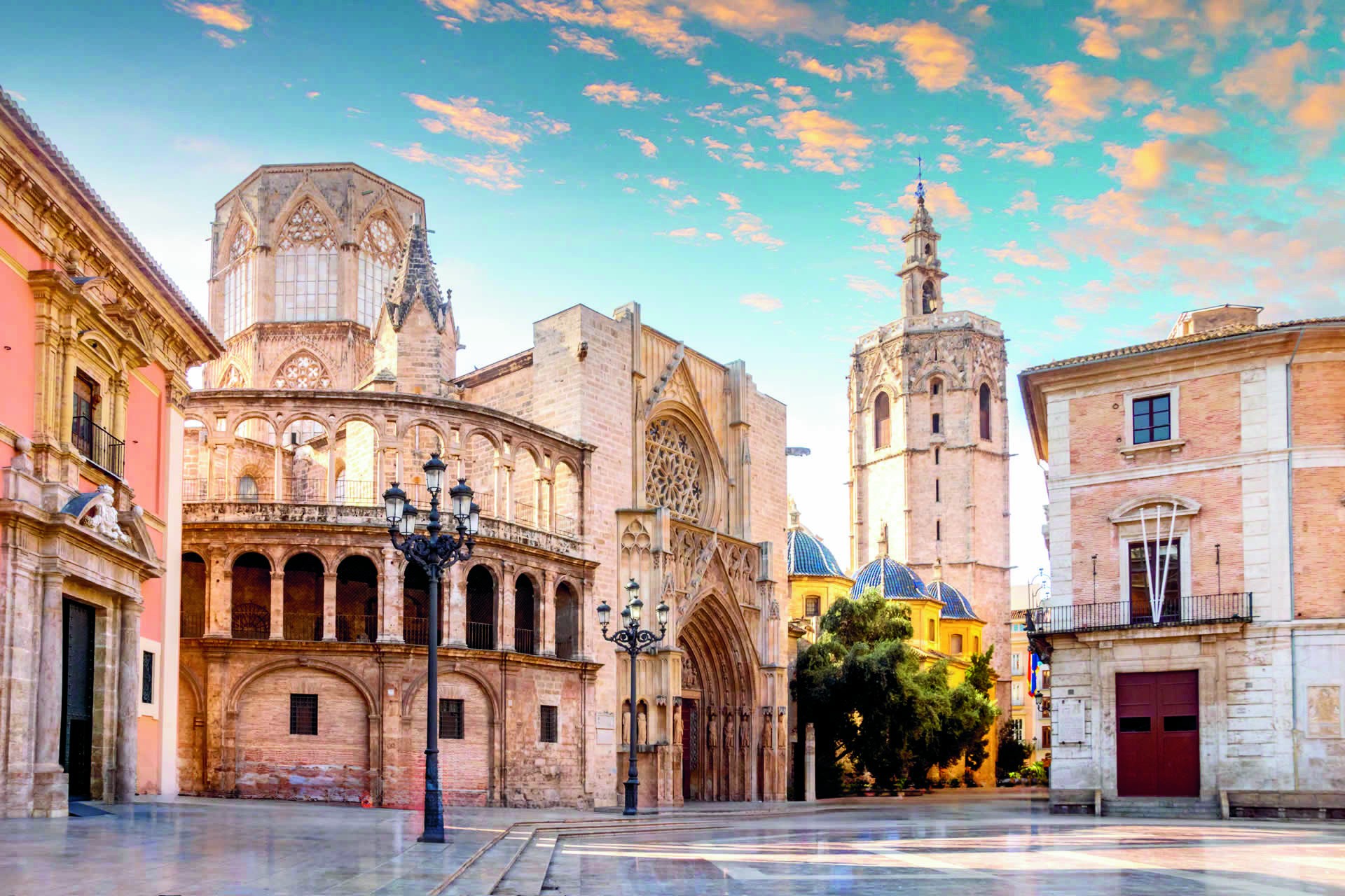 Historic plaza and cathedral tower in Valencia