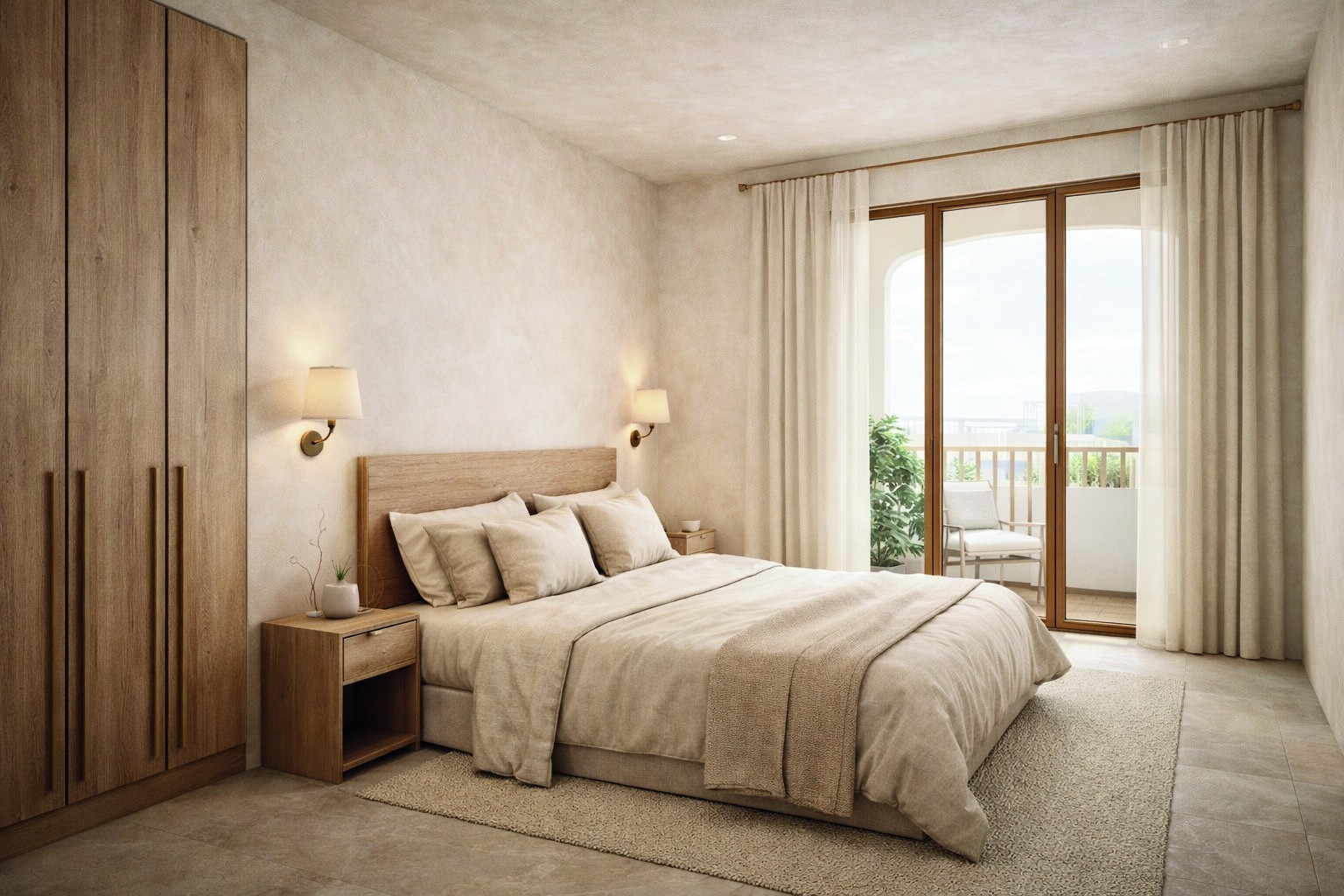 Bedroom with light wood wardrobe and balcony