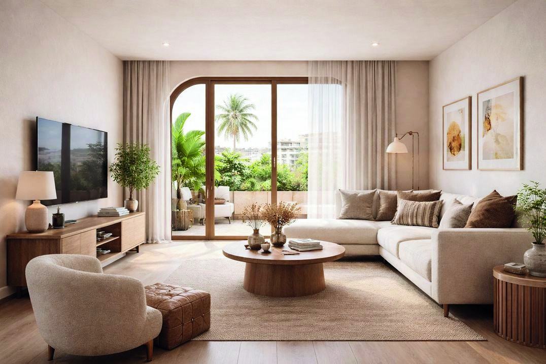 Open living room with arched balcony opening