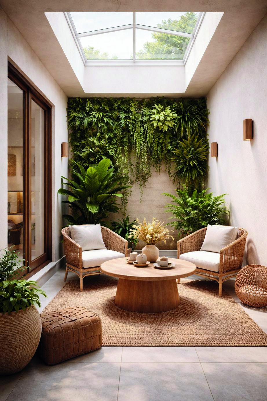 Sunroom patio with green wall and rattan chairs
