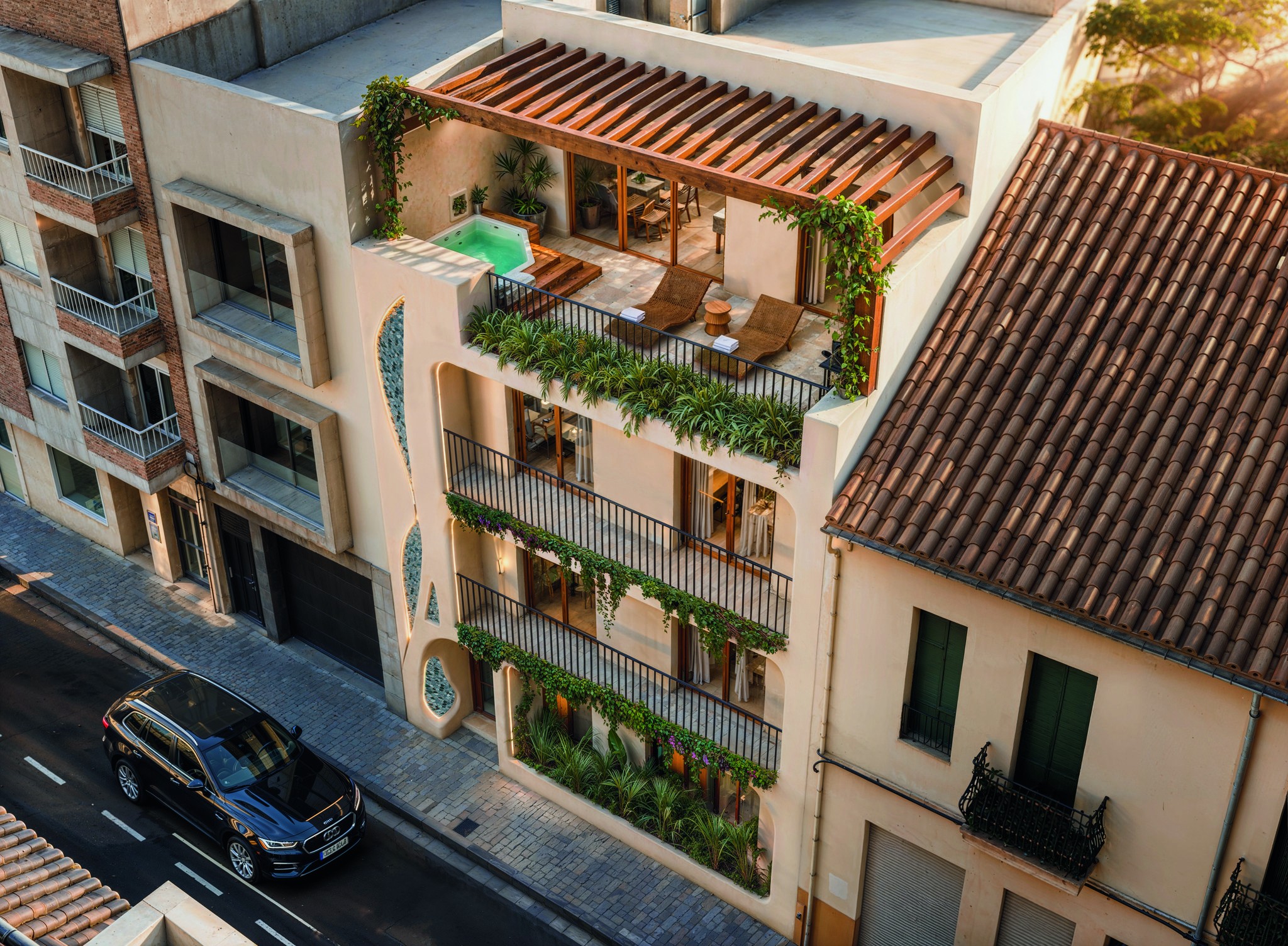 Aerial view of rooftop terrace amenities